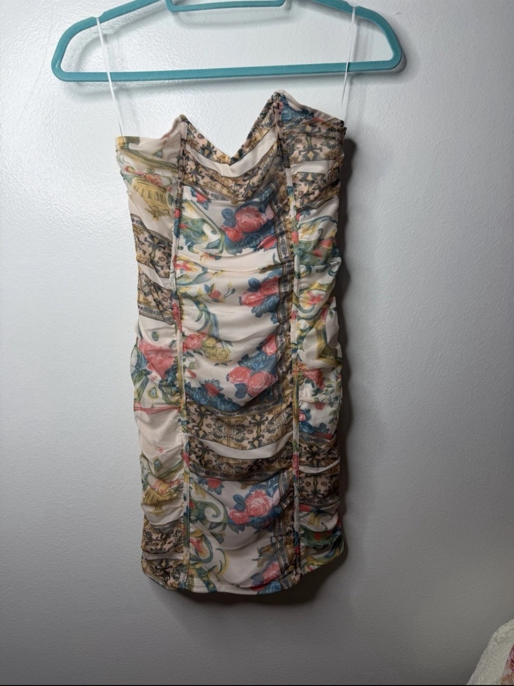 Floral Ruched Strapless Sheath Dress in Cream and Multicolor